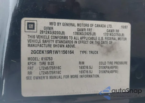 1998 Chevrolet K1500 Fleetside from USA, damaged, VIN 2GCEK19R1W1156164